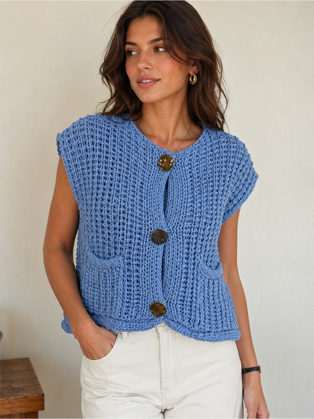 Zara Blue Crochet Knit Sweater Vest Small Boxy Button Front Pockets Coastal Chic